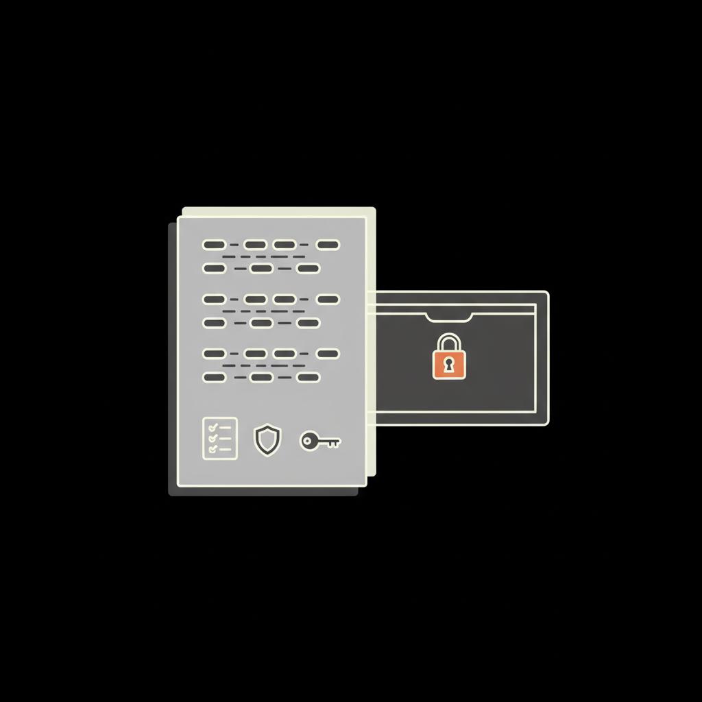 Minimal 2D vector close-up of a printed backup code sheet beside a locked drawer on a black background illustrating a yahoo recovery key backup concept.