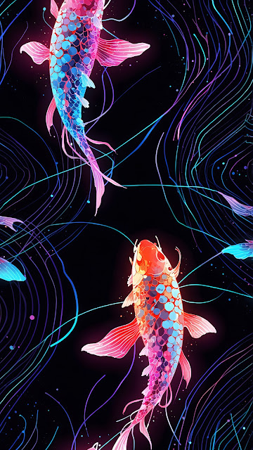 Futuristic Neon Koi Fish Swimming in Dark Water Art - Free mobile Wallpaper