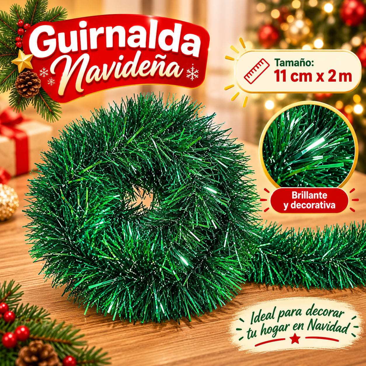 Guirnalda navideña de tinsel verde tupida 11 cm x 2 m
