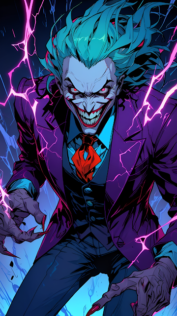 Menacing Clown with Electric Purple Lightning Aura - Free mobile Wallpaper