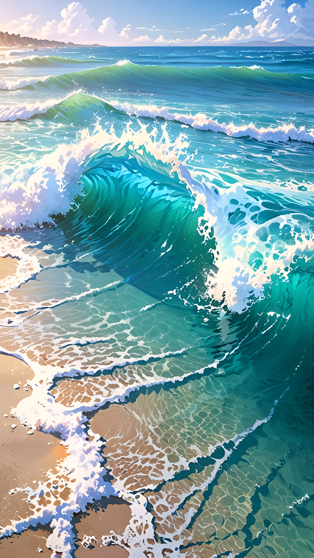 Vibrant Turquoise Ocean Wave Crashing Sandy Shoreline Art - Free 4K mobile Wallpaper