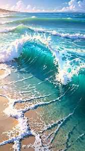 Vibrant Turquoise Ocean Wave Crashing Sandy Shoreline Art
