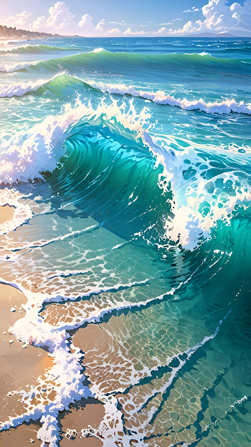 Vibrant Turquoise Ocean Wave Crashing Sandy Shoreline Art - Free mobile Wallpaper