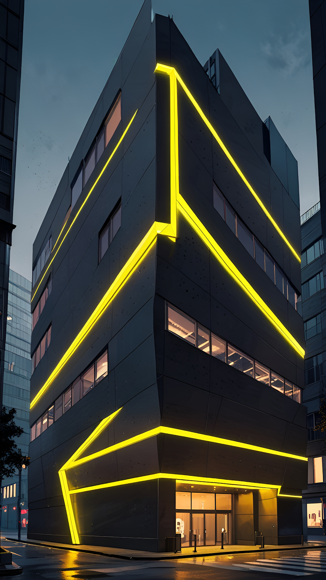 Modern Building with Glowing Yellow Neon Lines at Night - Free 4K mobile Wallpaper