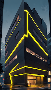 Modern Building with Glowing Yellow Neon Lines at Night