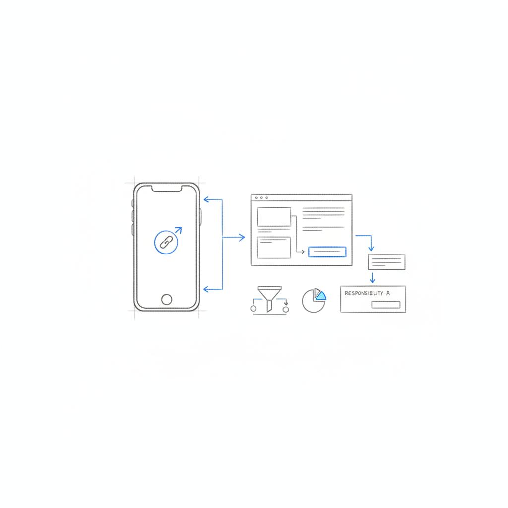 Notebook-style sketch of a mobile TikTok video with circled link icon, short landing-page wireframe and arrows mapping the user journey on a white background &mdash; tiktok event link