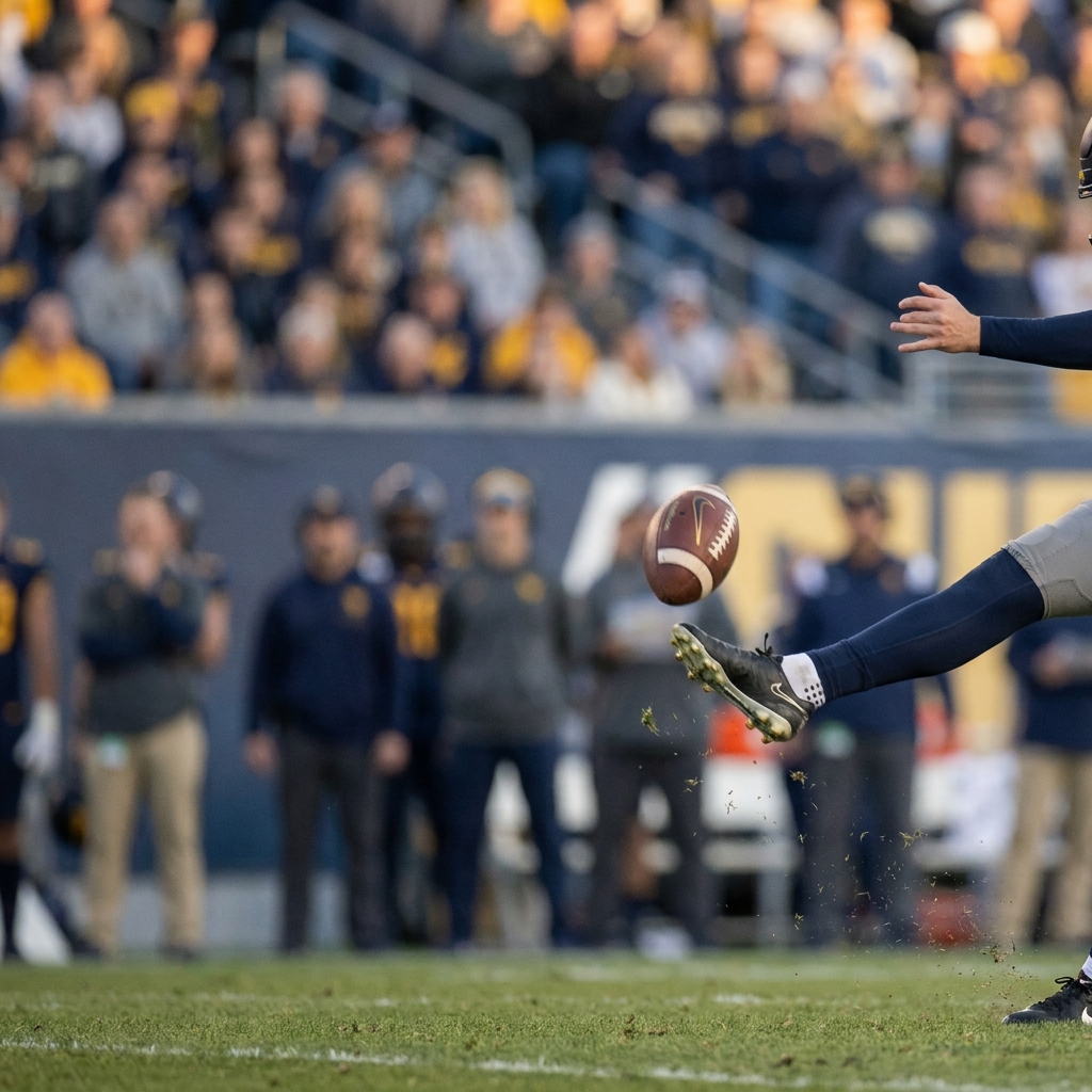 Why Special Teams Matter in College Football close up of a collegiate punter releasing the ball at peak hang time shallow depth of field natural stadium lighting minimalist composition Funded Plays color palette