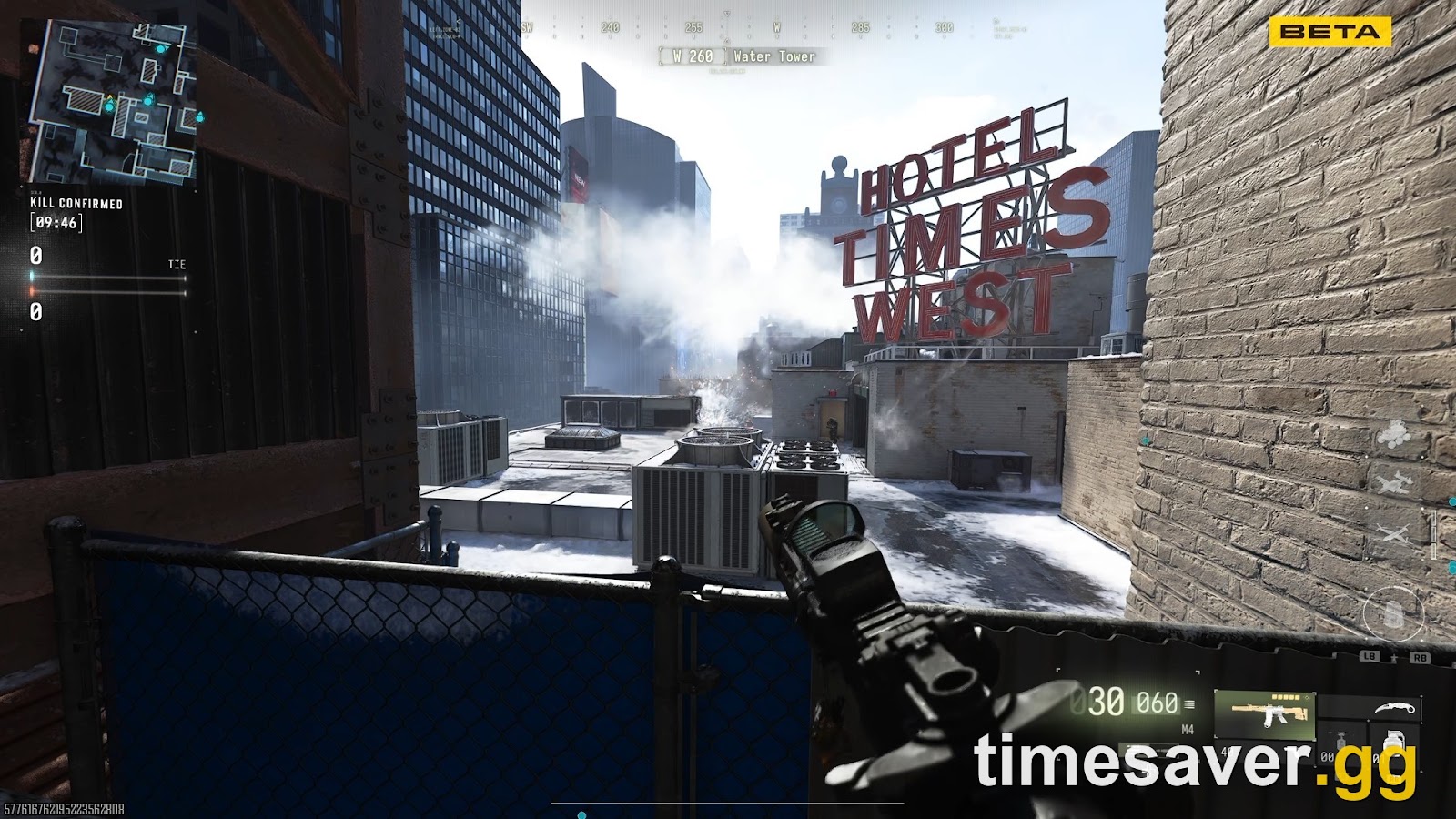 Modern Warfare 4 beta multiplayer map gameplay showing the Hotel Times West area during Kill Confirmed