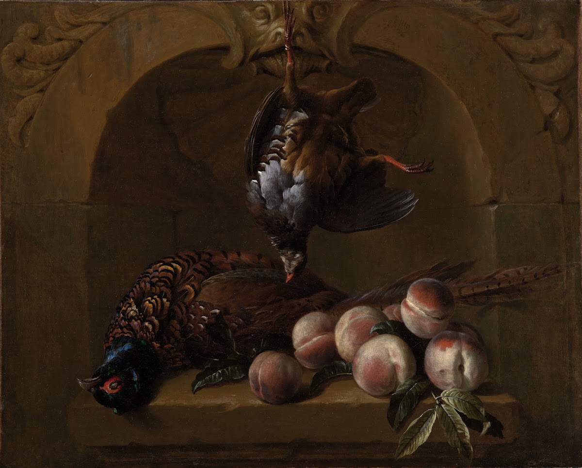 Still life with red legged partridge pheasant and peaches 1715