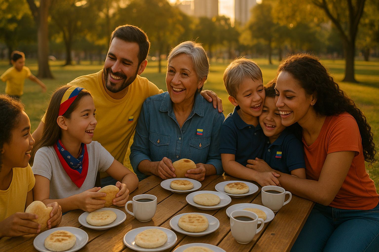 Venezolanos compartiendo arepas en un parque, comunidad y esperanza