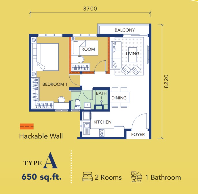 GenStarz Type A floor plan — 650 sq ft, 2 bedrooms