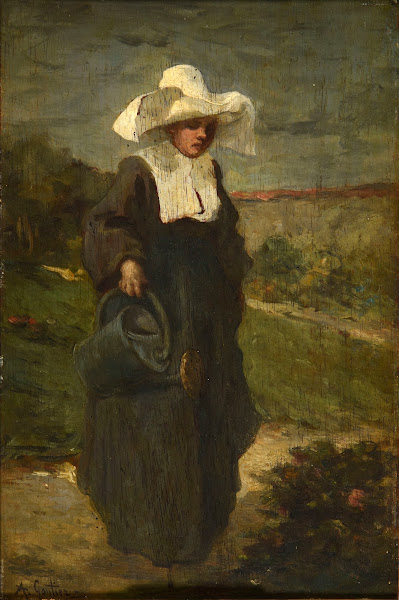 Soeur de charité arrosant des fleurs