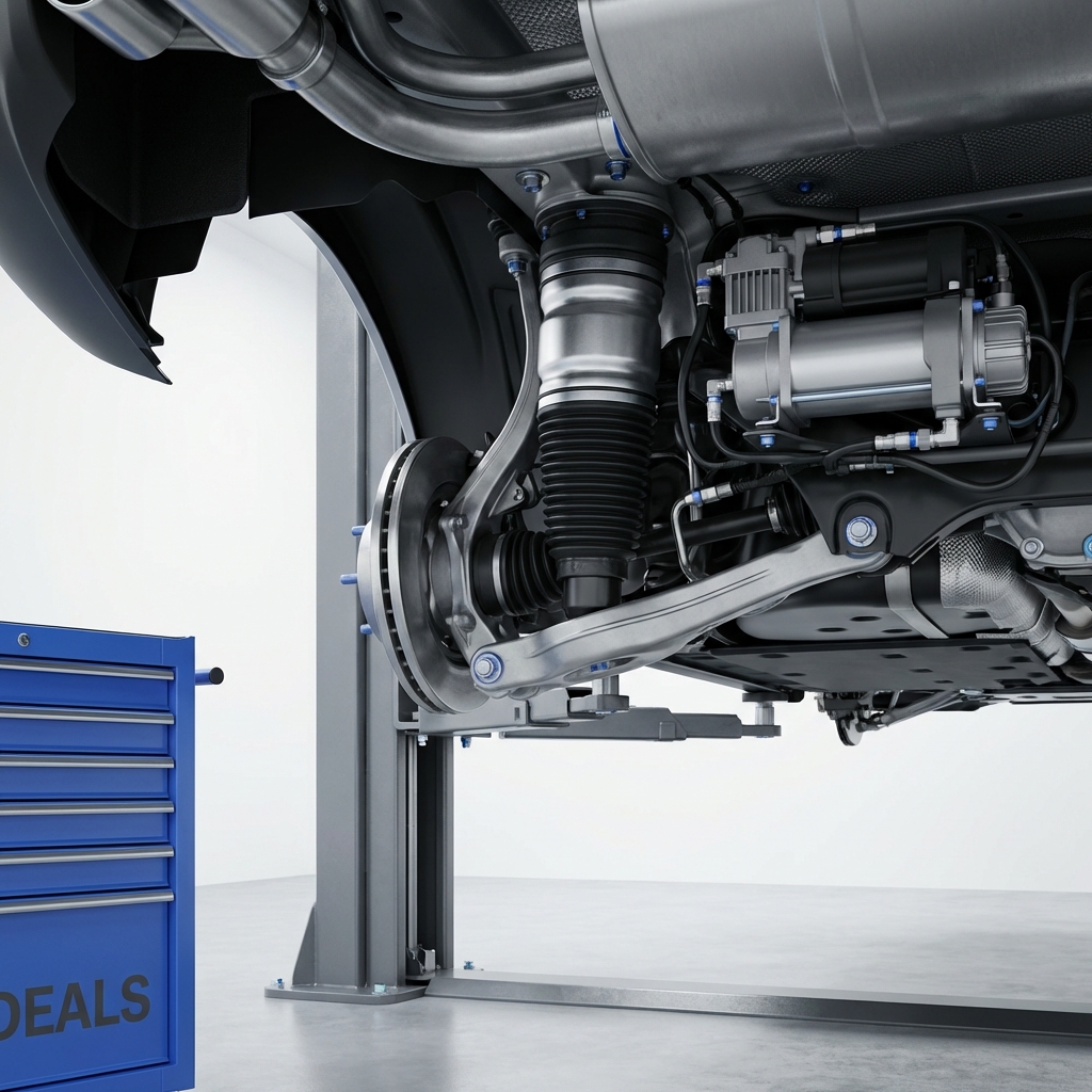 Close up of Porsche Cayenne suspension air spring and compressor on a lift in a clean white workshop porsche cayenne for sale
