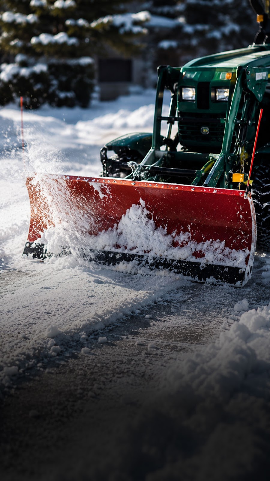 Compact snow blowing tractor removing thick layer of snow off suburban driveway