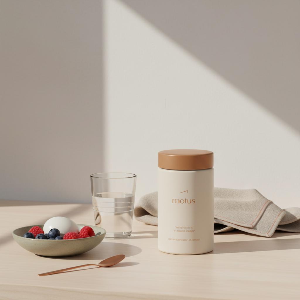 Minimalist kitchen countertop with Tonum Motus supplement bottle beside bowl of berries and egg, glass of water and towel, suggesting rapid fat loss routine