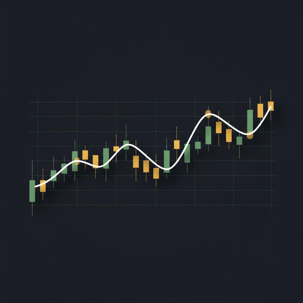 Minimalist 2D vector financial chart on dark background showing green and gold candlesticks and a white line overlay representing what if i put $1000 in bitcoin 5 years ago