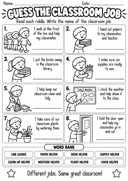 Classroom Jobs Riddles Worksheet
