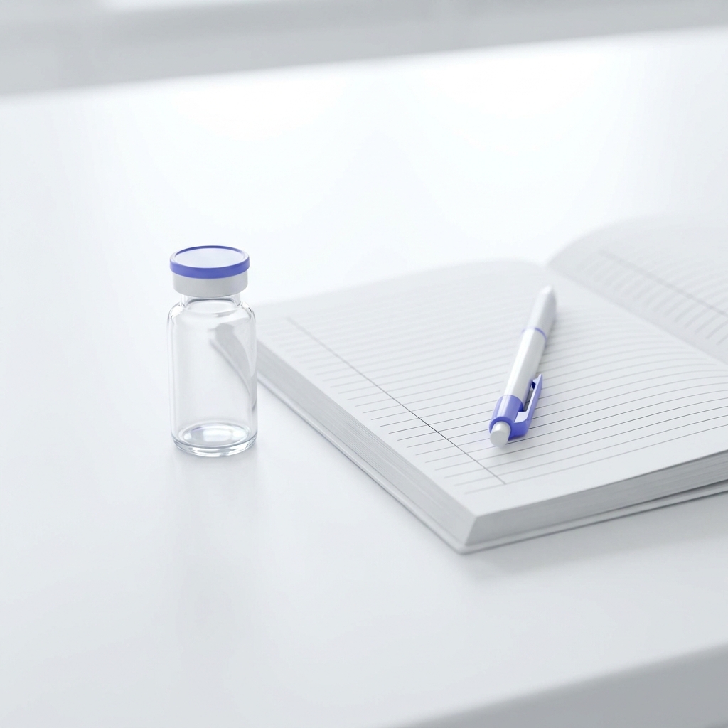 Close up full frame photo of a vial and blank lab notebook on a white bench suggesting peptides research minimalist aesthetic blue accents and crisp clinical lighting