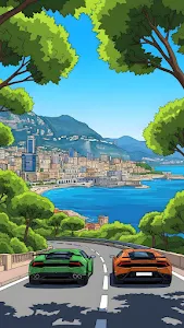 Cartoon Sports Cars Driving on Monaco Riviera Coastal Road