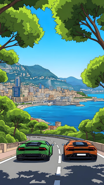 Cartoon Sports Cars Driving on Monaco Riviera Coastal Road - Free mobile Wallpaper