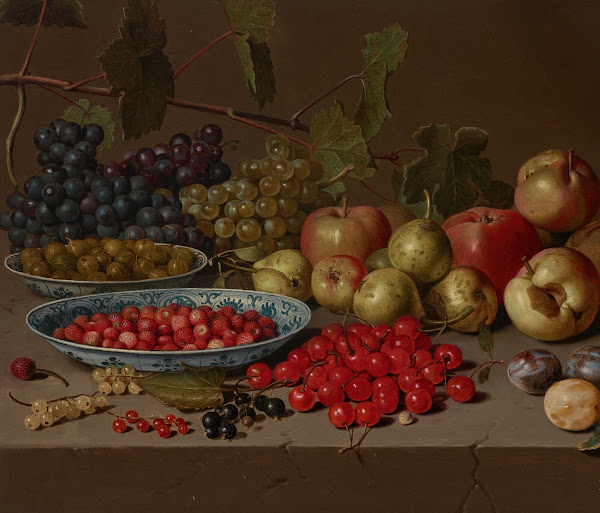 Plates of cherries and wild strawberries with grapes apples pears plums and othe