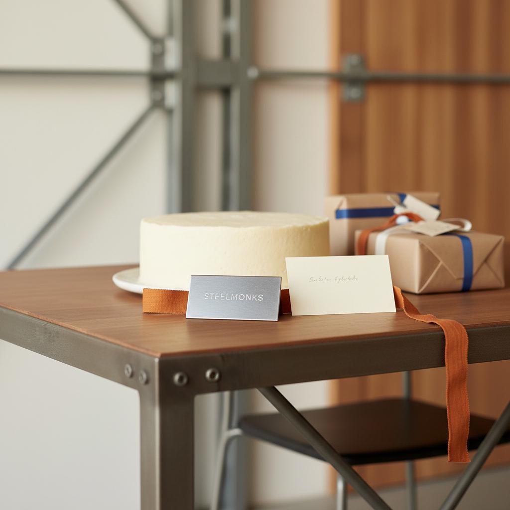 Intime Esstischszene mit Vanilletorte und Geschenken, Fokus auf graviertes Metallplättchen und Karte – Jugendweihe Checkliste