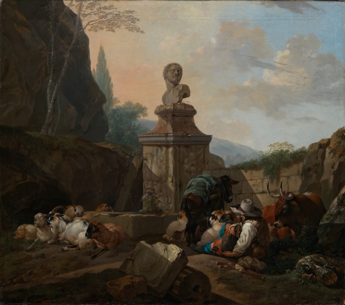 Ruhender Hirt und Herde an römischem Brunnen ca 1670