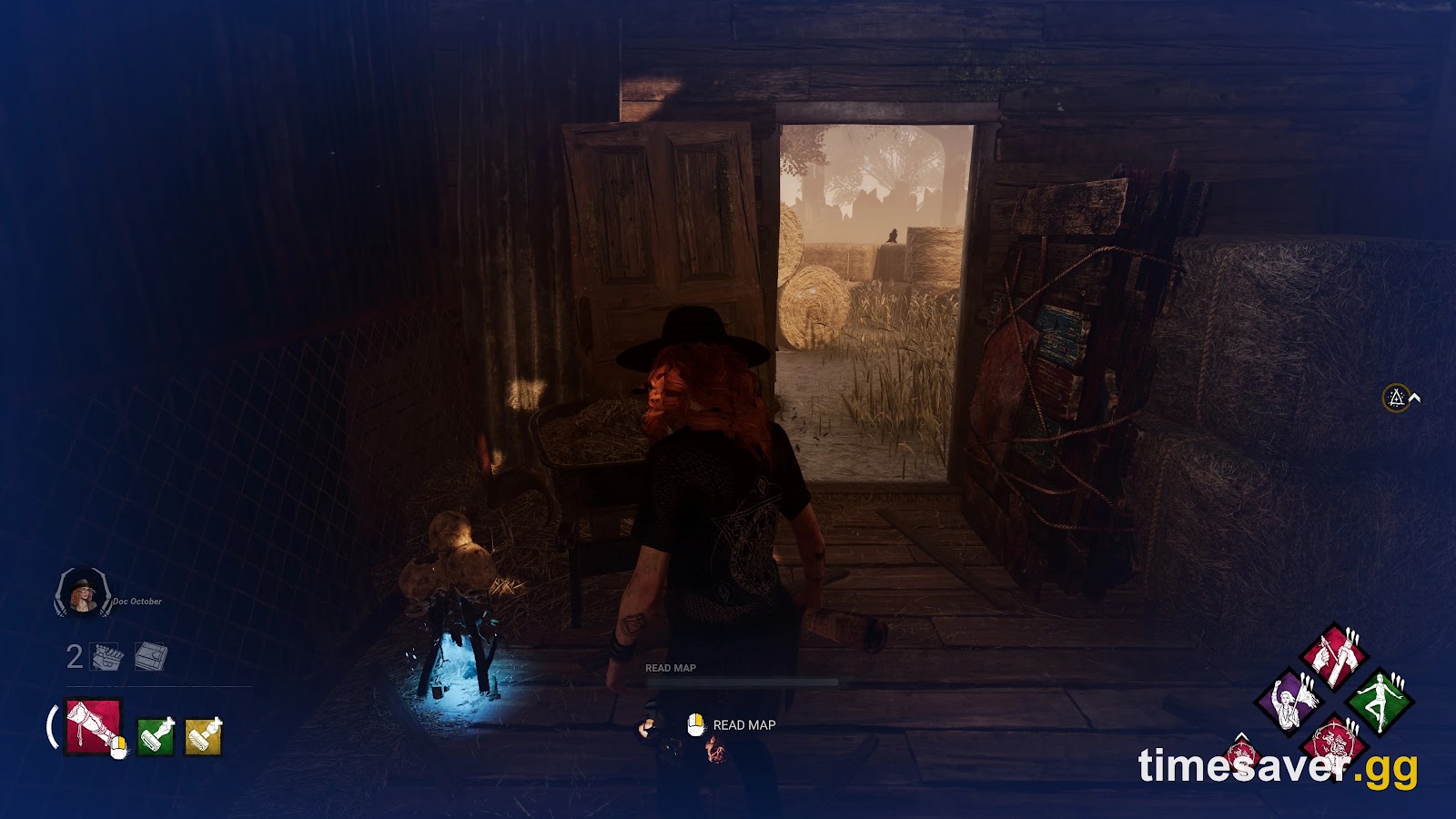 A lit Boon Totem glowing blue inside a barn on a Dead by Daylight map, with the blue Boon HUD overlay around the screen edges