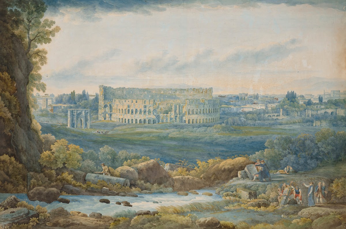 An extensive view of the Colosseum and the Arch of Constantine with figures in t
