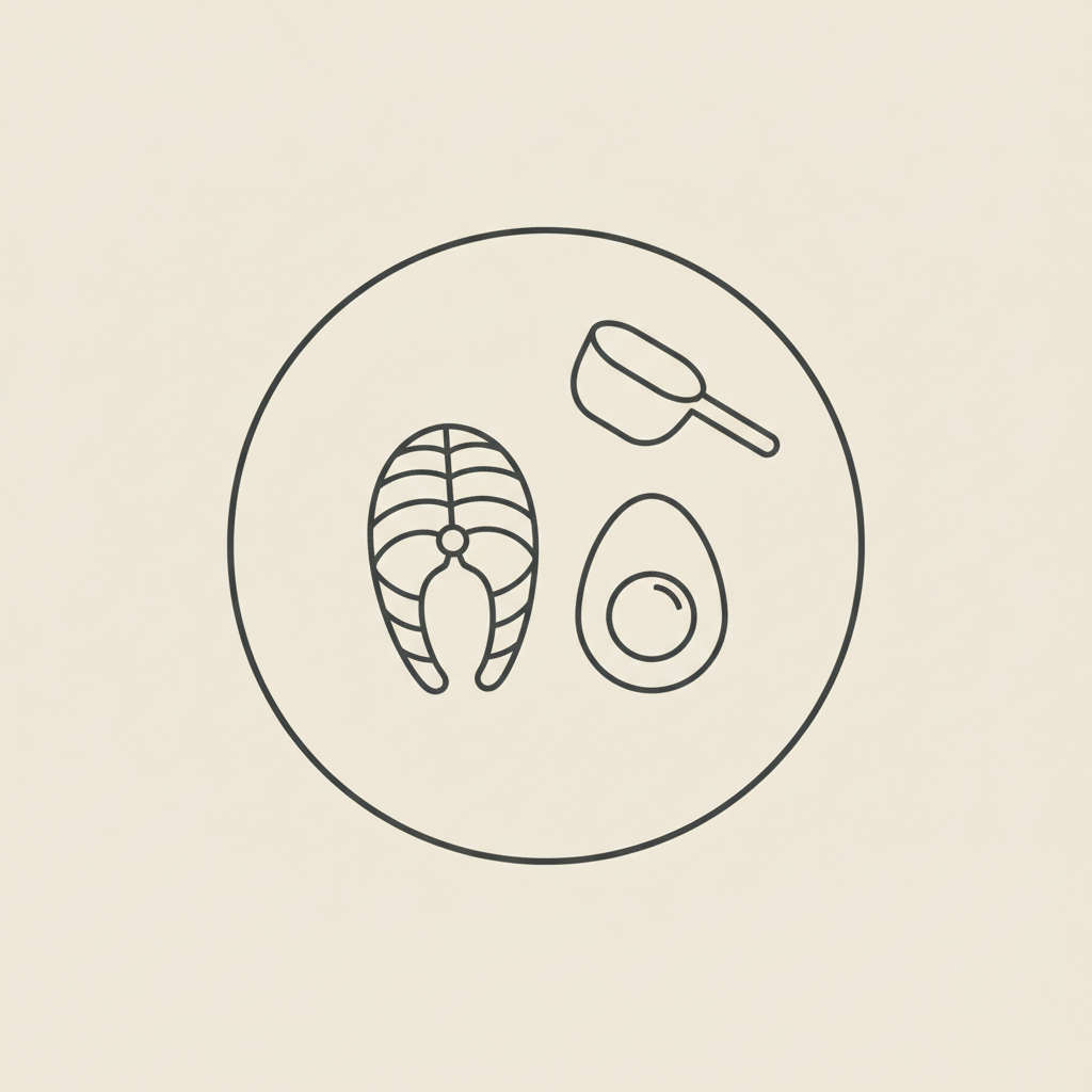Minimalist Tonum-style line illustration of a plate with fish, egg, and measuring scoop on beige background, representing protein intake for weight loss.