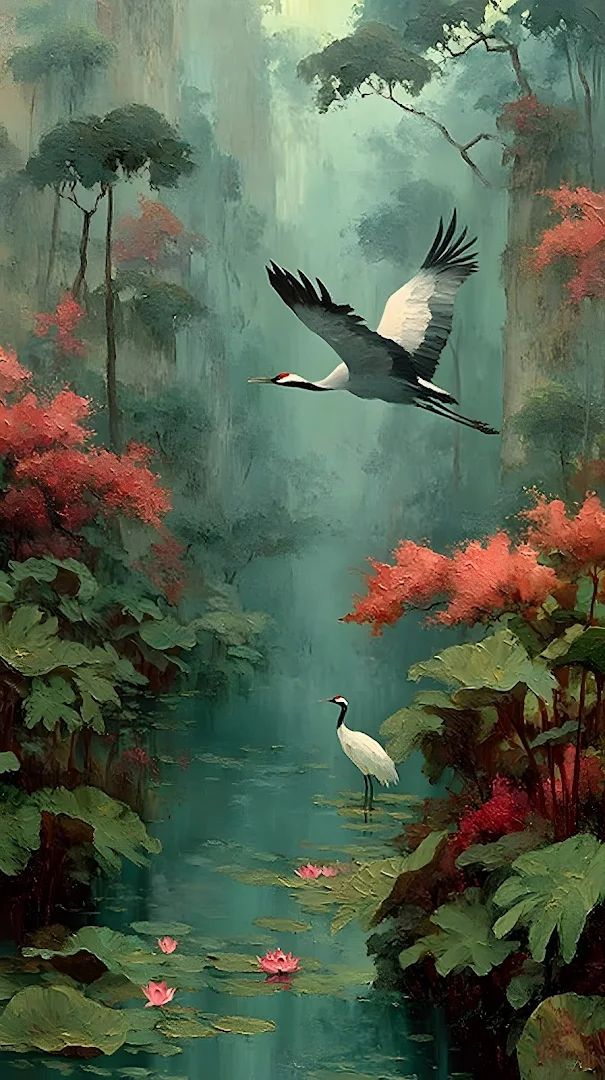 Red-Crowned Cranes in Lush Asian Misty Stream Painting