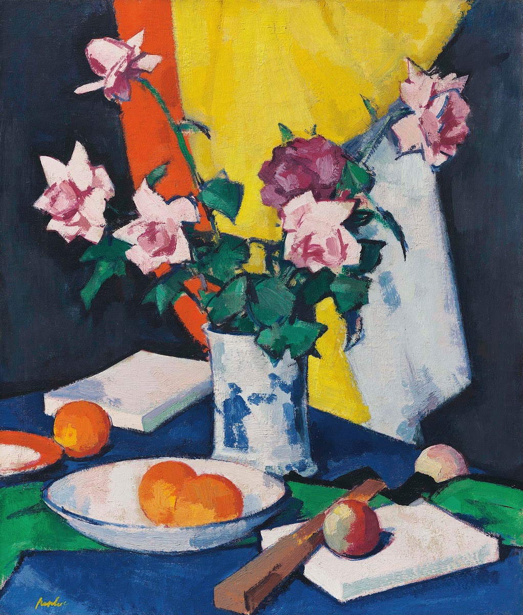 Red and pink roses oranges and fan circa 1925