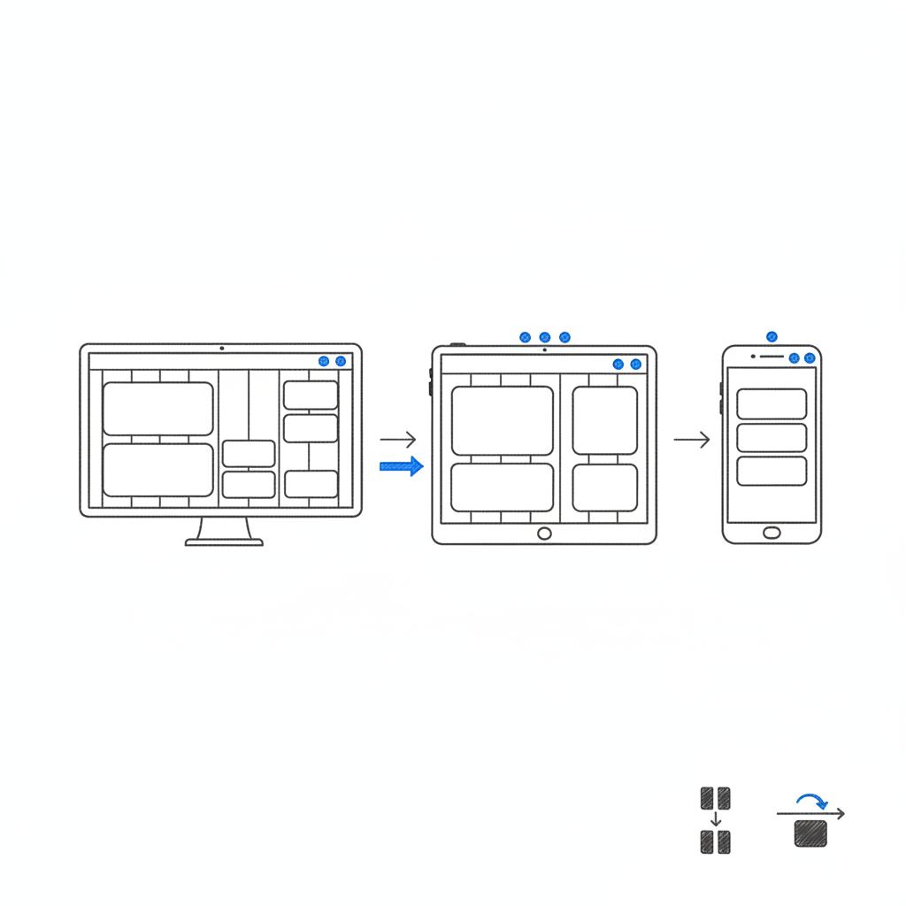 Minimal vector notebook-style sketch of responsive layout grid across desktop, tablet, and mobile viewports with blue accents &mdash; web design principles