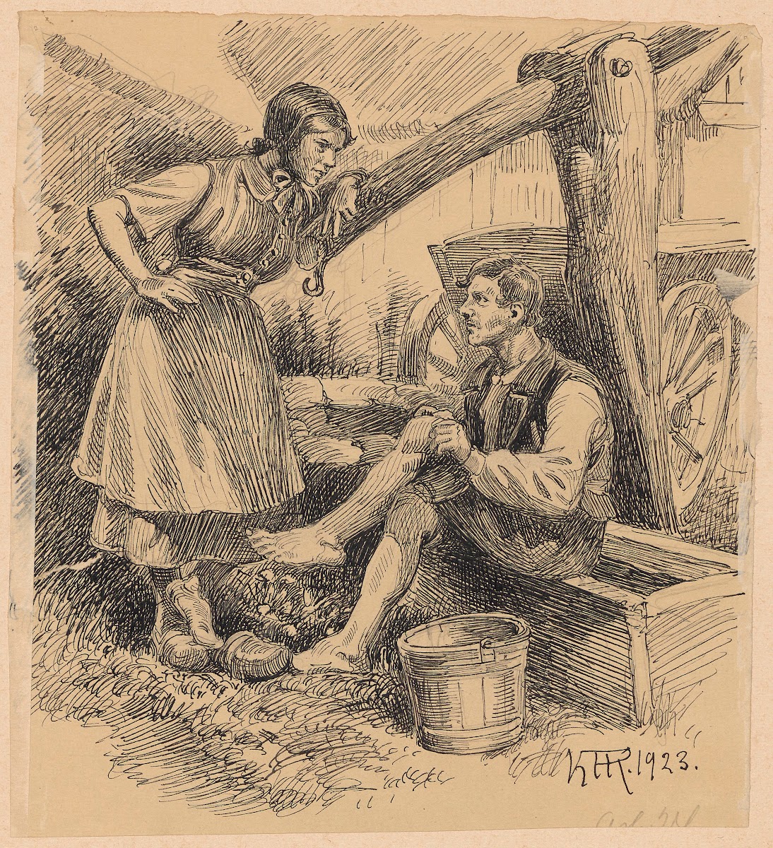 Farm girl wearing clogs talking to a worker 1924