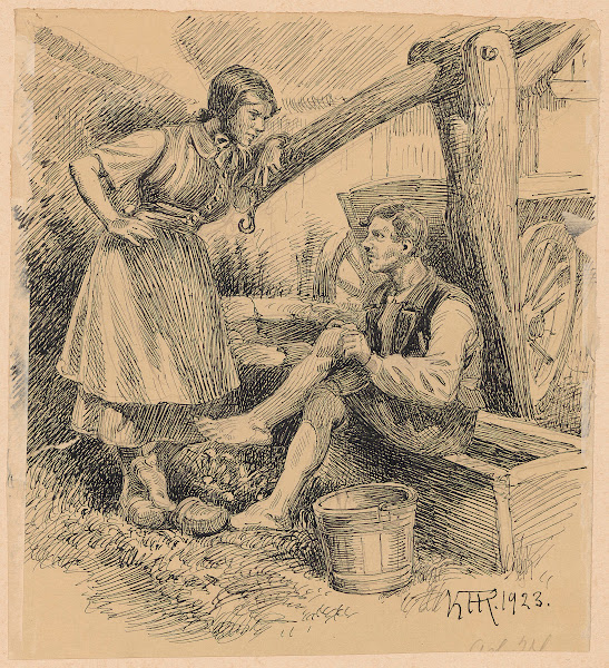 Farm girl wearing clogs talking to a worker 1924