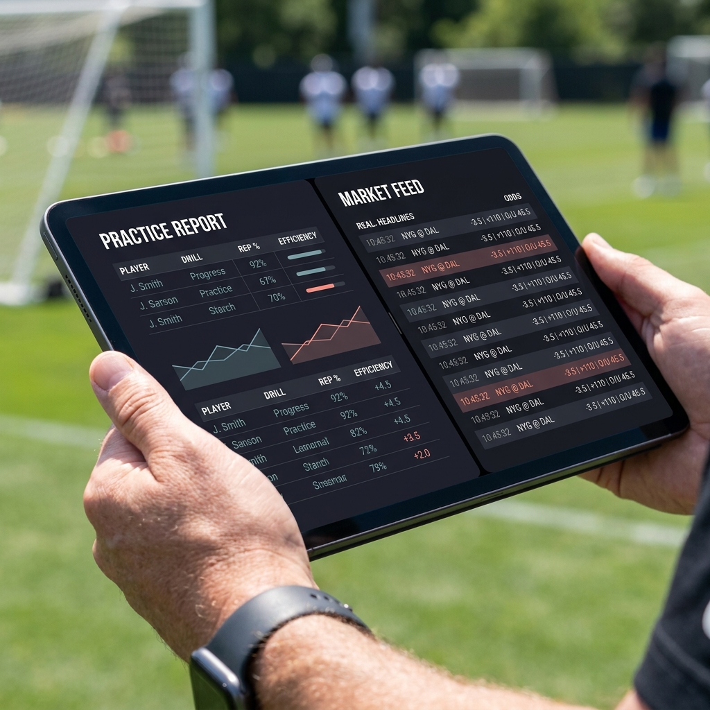 Close up coach tablet showing practice reports and a live market line feed side by side in a minimalist Funded Plays color style including nfl spread tomorrow