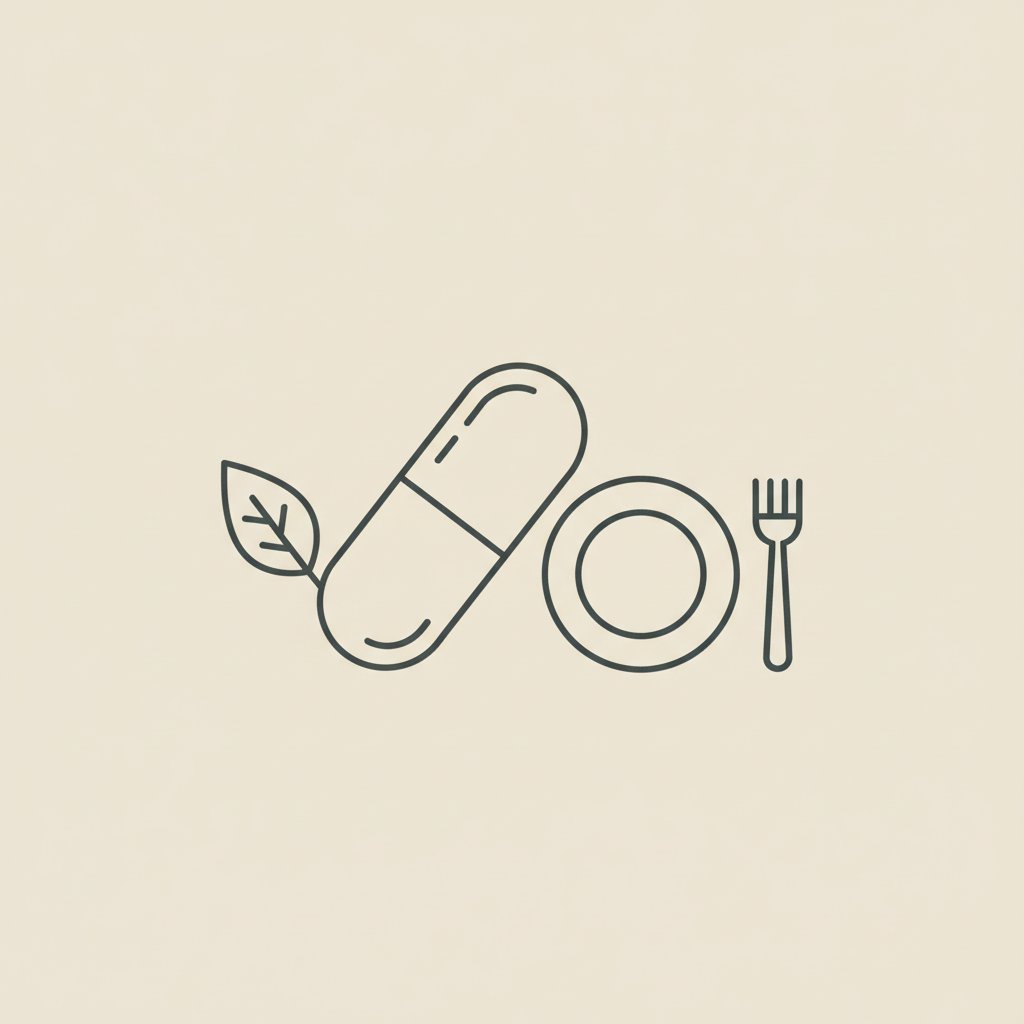 Minimal Tonum-style vector line illustration of a capsule, leaf, and plate with fork on beige background representing culturelle probiotics benefits.