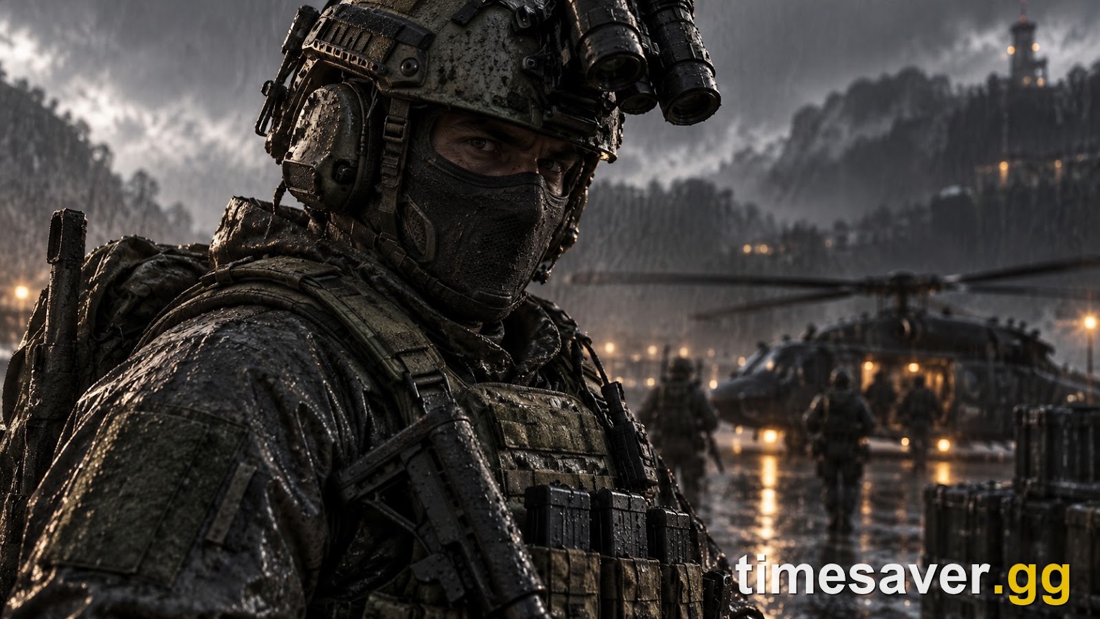 Close view of an Arena Breakout: Infinite operator in a combat helmet, face mask and heavy body armor