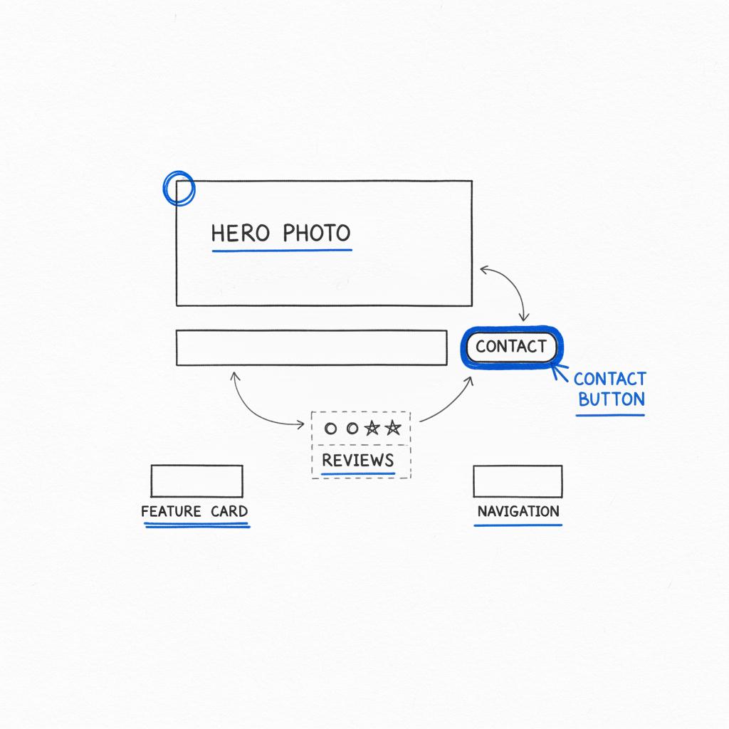 Notebook-style wireframe sketch of a homepage with hero photo area, headline placeholder, contact button and small reviews block for Wix or Google Sites in Agency Visible brand colors.