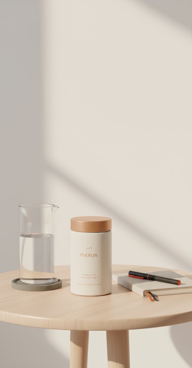Tonum Motus jar on a minimalist wooden table with glass carafe and notebook, bright morning scene — how much weight can you lose in a month with ketones