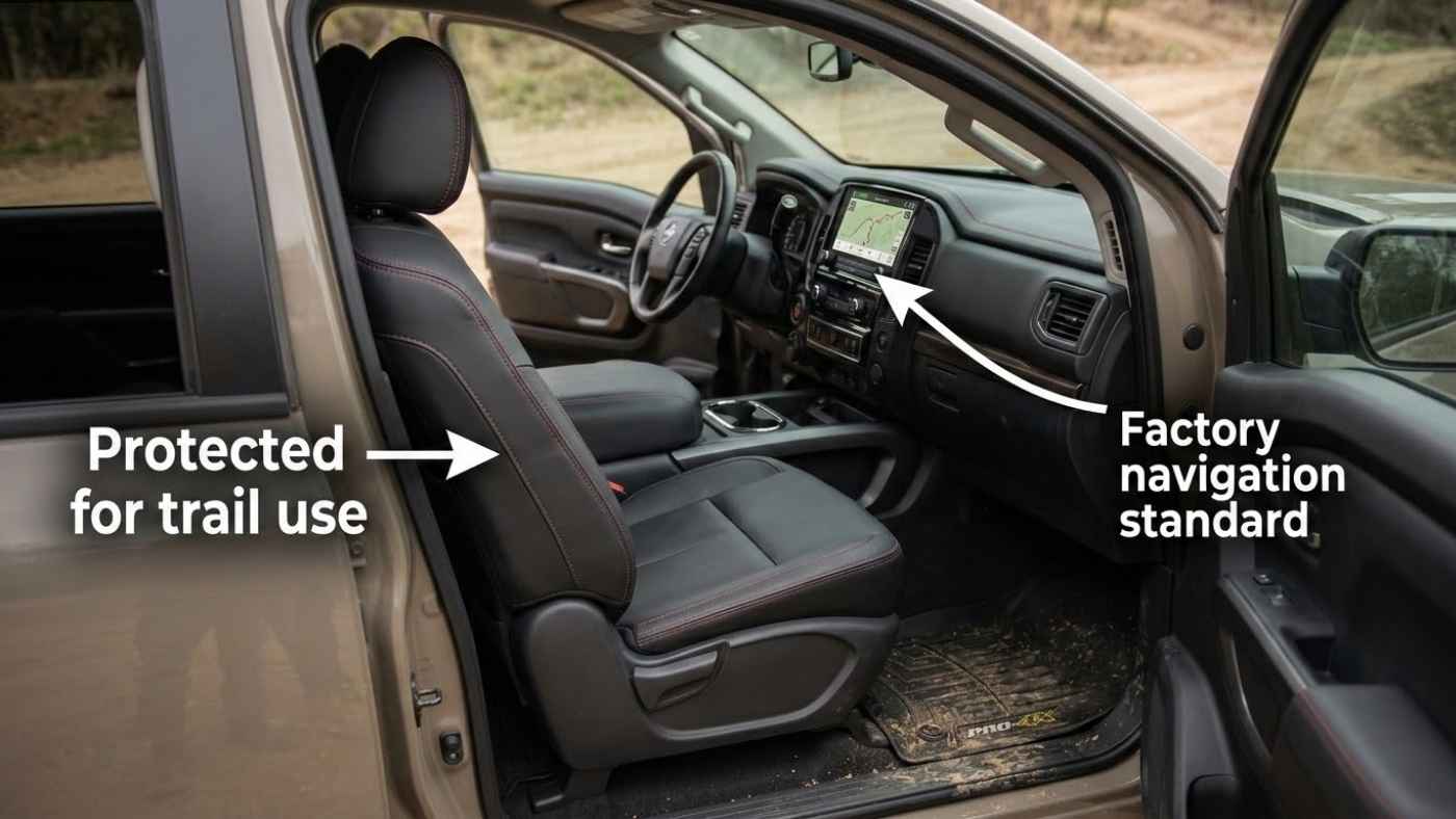 Nissan Titan Pro-4X interior with protected eco-leather seats and factory navigation built for trail-ready use.