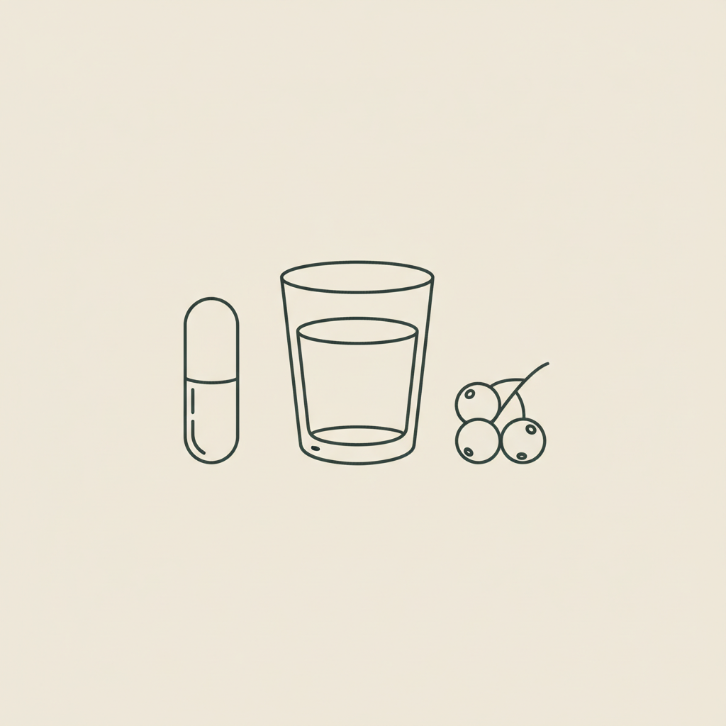 Minimalist Tonum-style line illustration of a capsule, water glass, and berry cluster on beige background referencing Ozempic vs leptin.