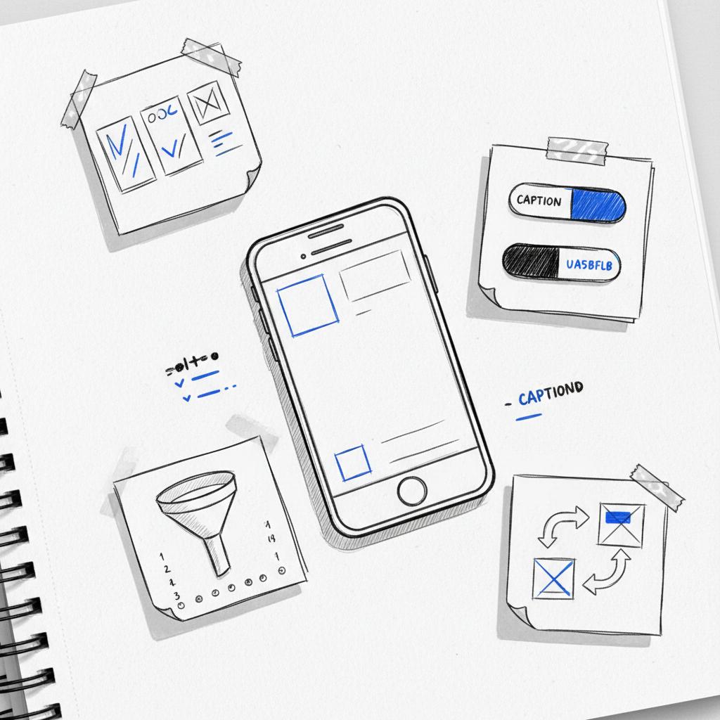 Close-up planner-style sketch of a mobile phone mockup with sticky-note storyboard frames, caption sketches and segmented UTM-tag chips in Agency Visible brand colors &mdash; does X offer paid ads