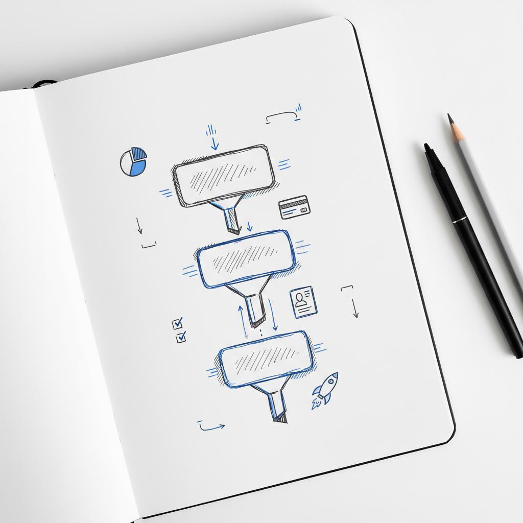 Close-up planner spread with hand-drawn funnel diagram, credit card and ID icons, blue accents on white background illustrating X ads eligibility