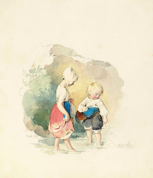 Children paddling by the rocks