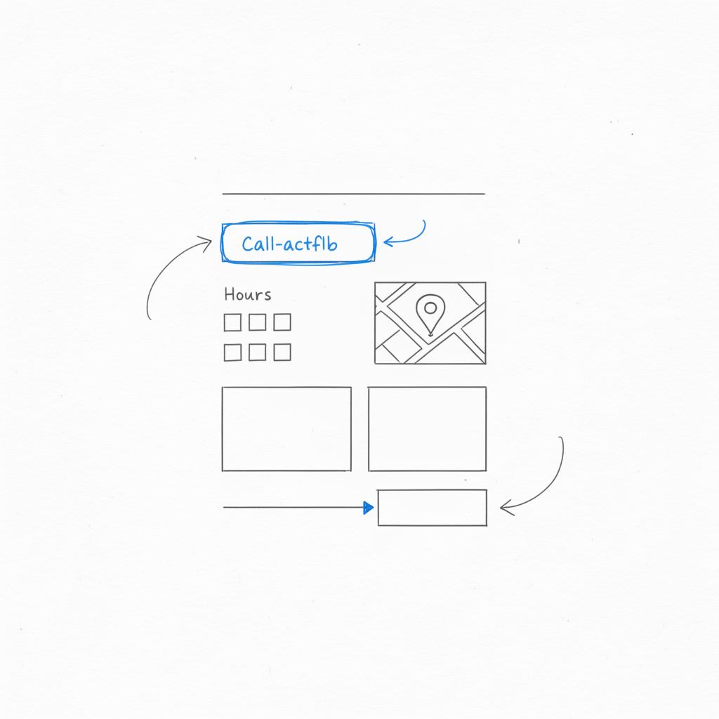 Close-up wireframe sketch of a landing page showing call button, hours block, tiny map embed, and two photo placeholders for a google business profile