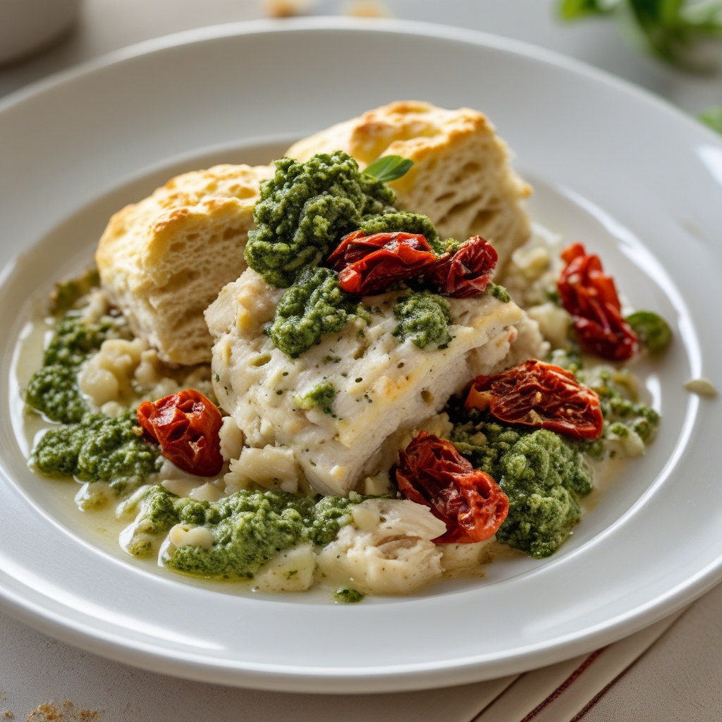 Final Creamy Pesto Chicken & Sun-Dried Tomato Biscuit Bake