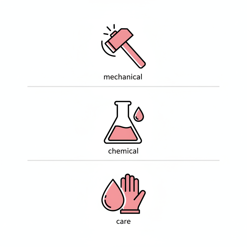 Warum schichtet sich mein Nagel: minimalistische 2D-Infografik in drei horizontalen Abschnitten mit Vektor-Icons (Hammer, Flasche mit Tropfen, Öl und Handschuh) auf weißem Hintergrund