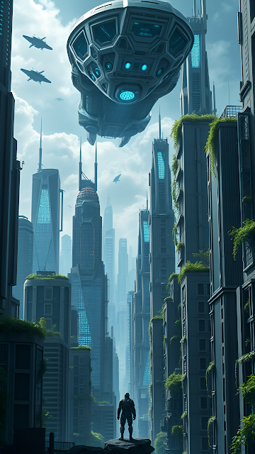 Futuristic Megacity with Hovering Spaceship and Lone Figure - Free mobile Wallpaper