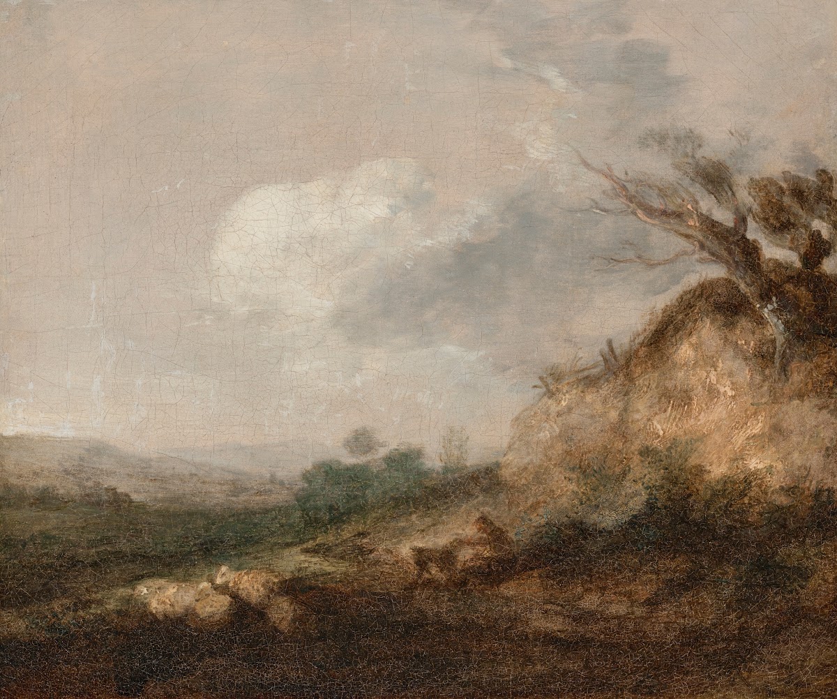 A shepherd and his dog in a landscape his flock resting by a dune in the foregro